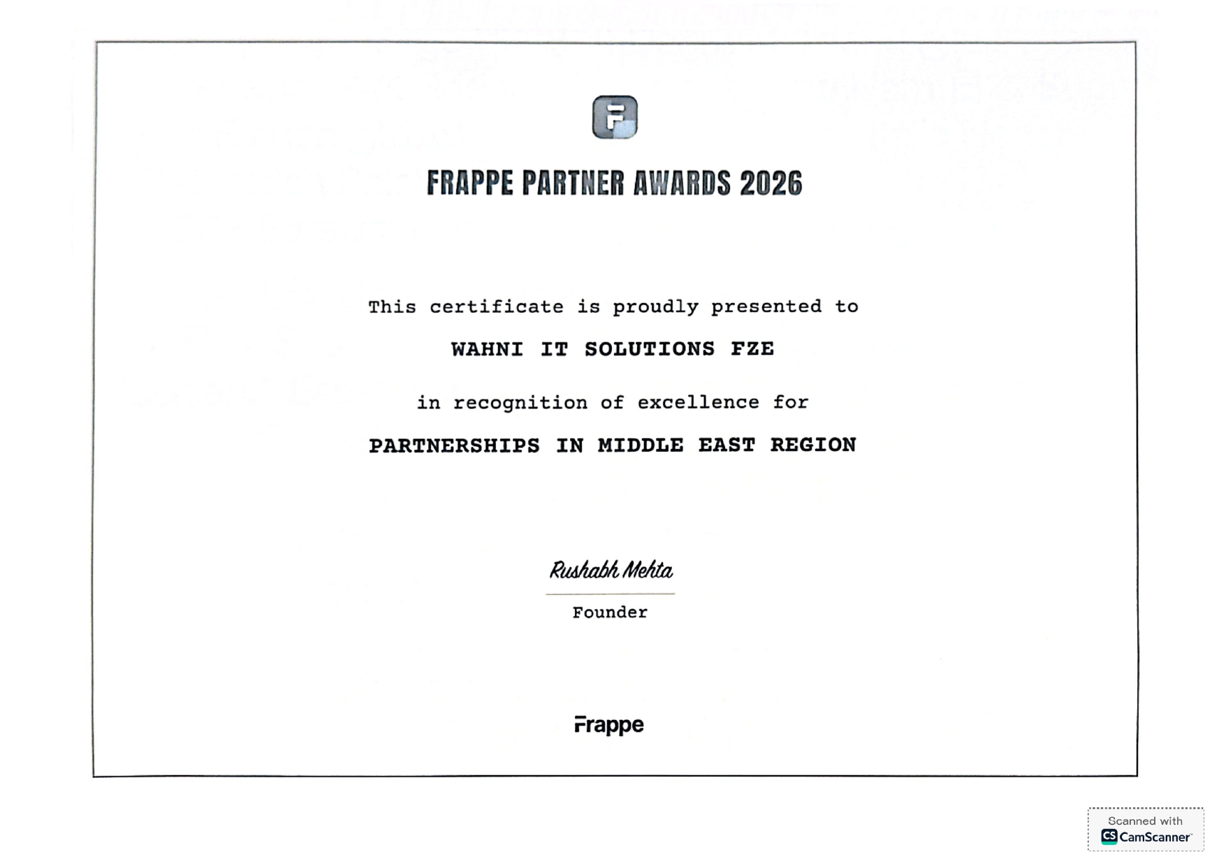 Frappe Partner Awards 2026 Certificate